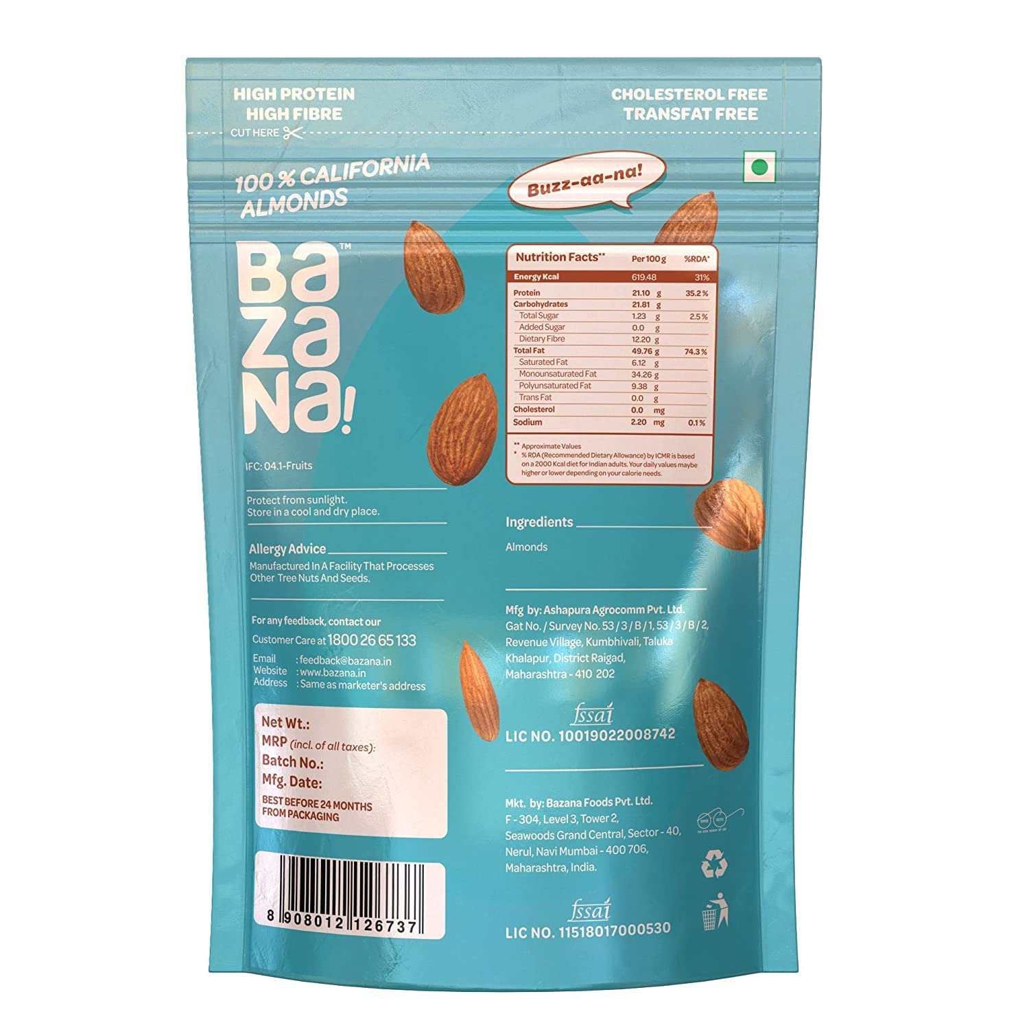 Bazana Premium Natural California Dried Almonds - 200g Pack x 2 Pouch | High Fiber, Immunity Boosting, Real Nuts Dry Fruit | Gluten-Free