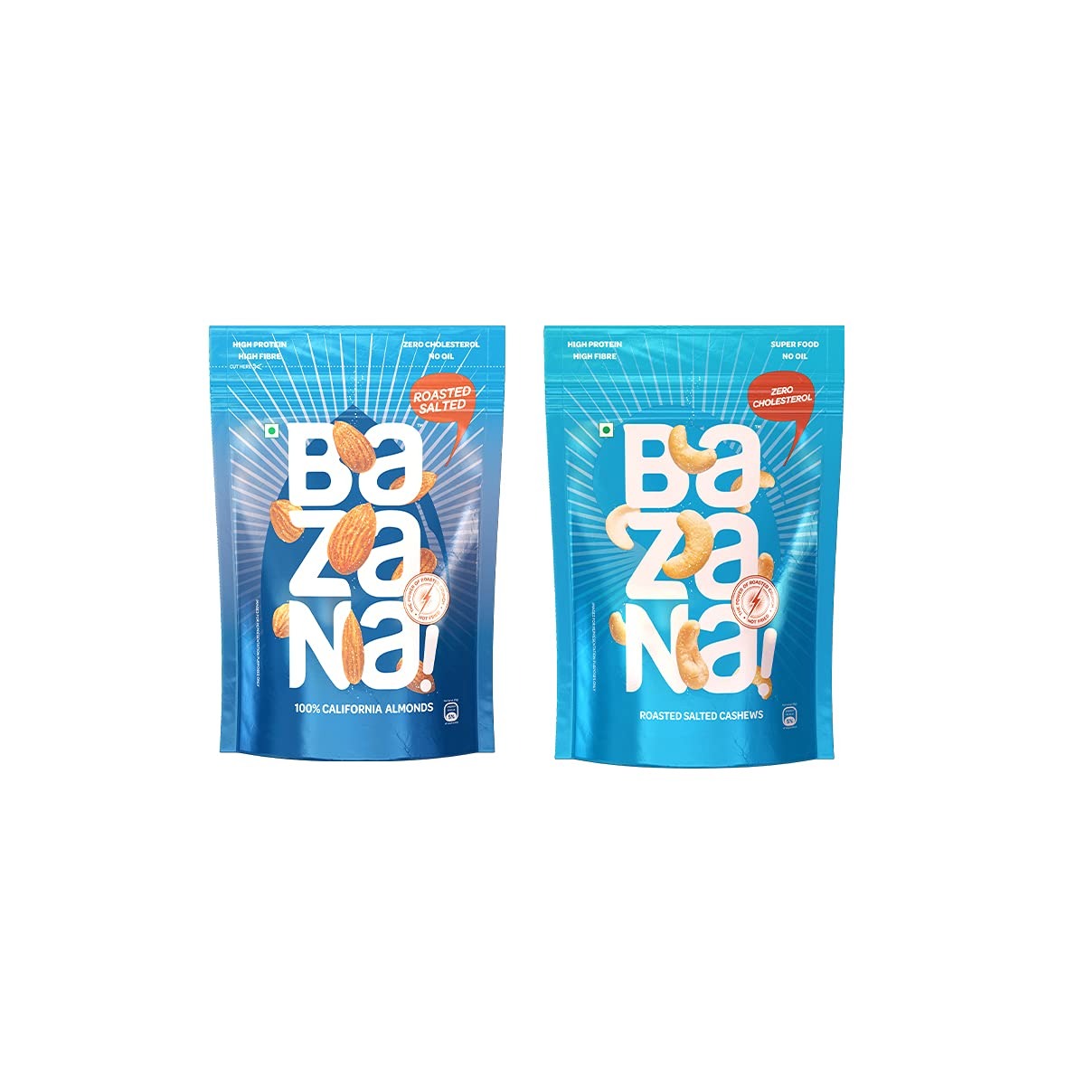 Bazana Roasted Salted Almonds (190g) and Cashews (175g) - Irresistible Dry Fruit Combo for Nut Lovers - Premium Roasted Nuts Combo Pack (2 Pack)