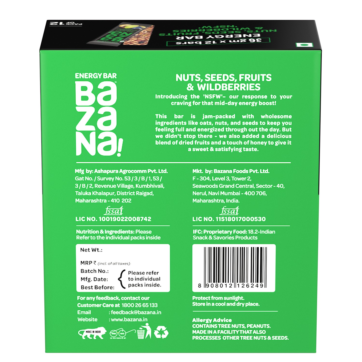 Bazana Nut Seeds Fruit & WildBerries Energy Bars - Indulge in Natural Flavors and Energize Your Day - 12 Bars