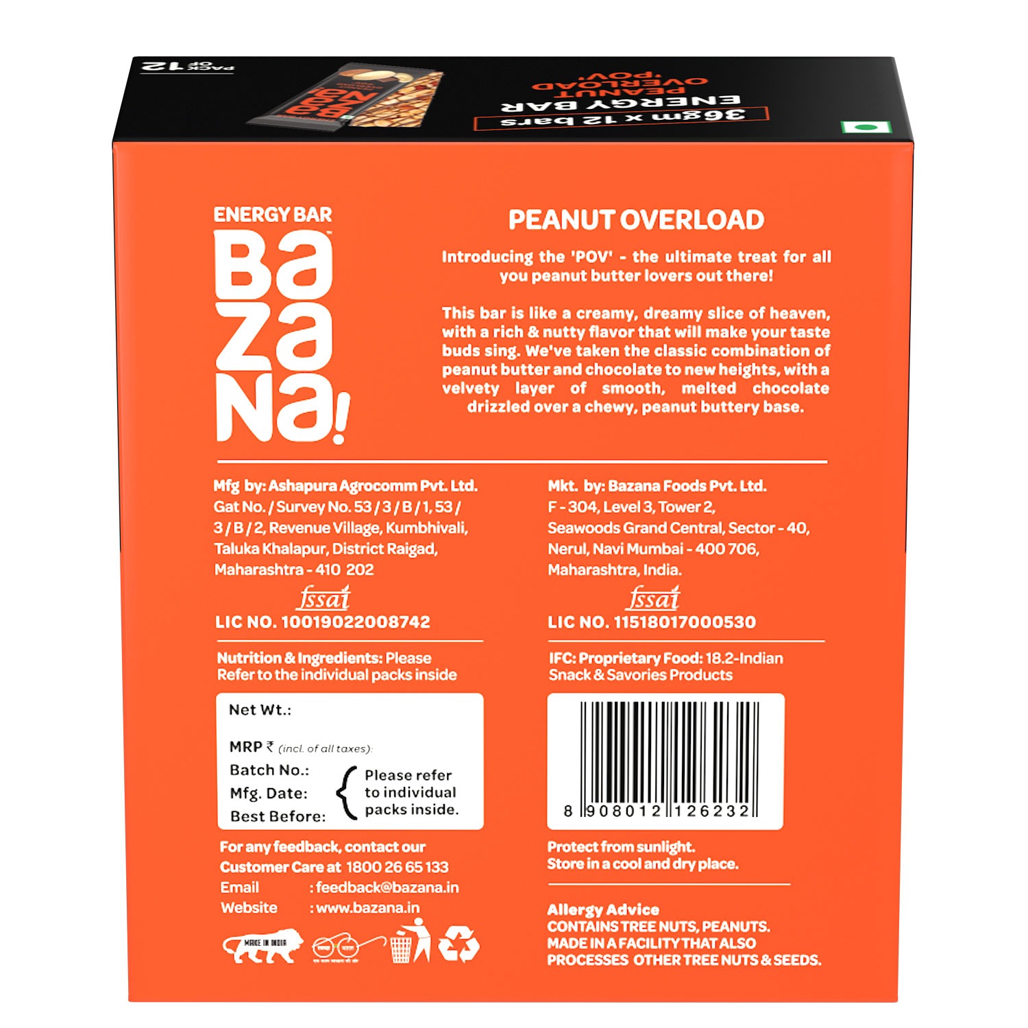 Bazana Peanut Overload Energy Bar - Revitalize Your Body with Power-Packed Nutrition - 12 Bars