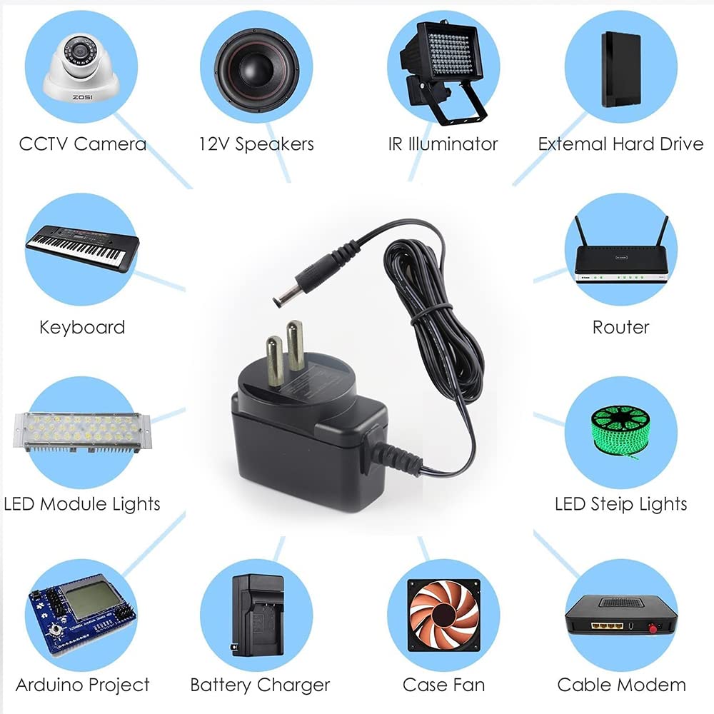 12V 2A DC Power Supply Adapter, AC 100-240V to DC 12 Volt Transformer. SMPS for LCD Monitor, TV, LED Strip, CCTV camera, Setup box, Broadband, Routers, NVR, (Max 24W) (1.5 mtr Cable) (12V 2Amp) (1 yr