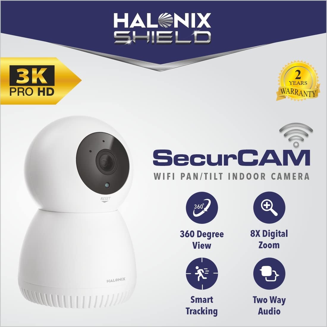 Halonix SecurCAM 360 3MP 3K Pro HD Pan/Tilt Wi-Fi Smart Home Security Camera, 8X Digital Zoom, 2-Way Audio, Night Vision, Motion Detection, SD Card Slot, Live View,Android and iOS (White) 2yr Replacement 