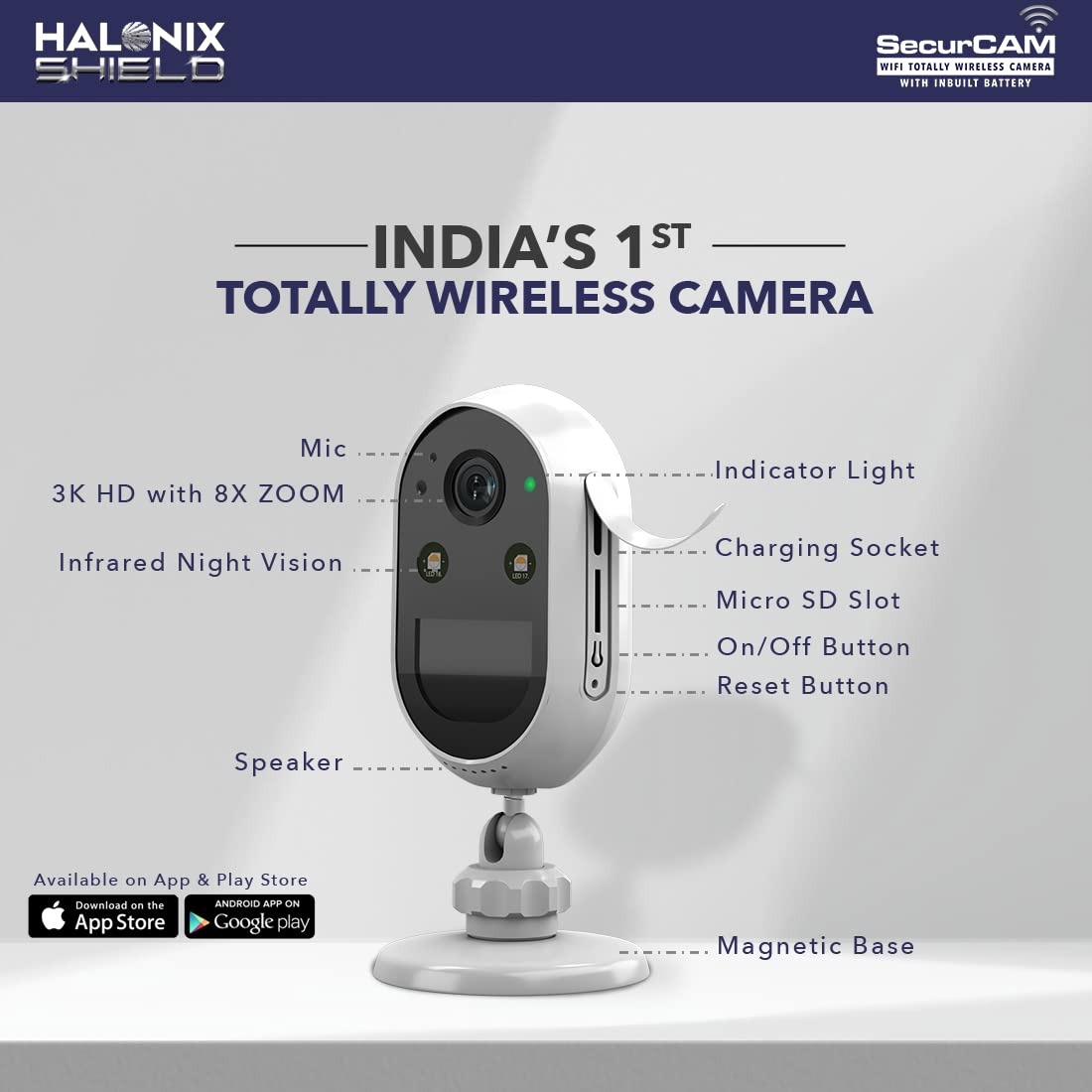 Halonix SecurCAM Totally Wireless 3MP 3K Pro HD Wi-Fi Smart Home Security Camera with Inbuilt Battery| 8X Digital Zoom| No Power Cord | No Screws/Drilling| 2 Way Audio| Colored Night Vision 2yr Full Replacement
