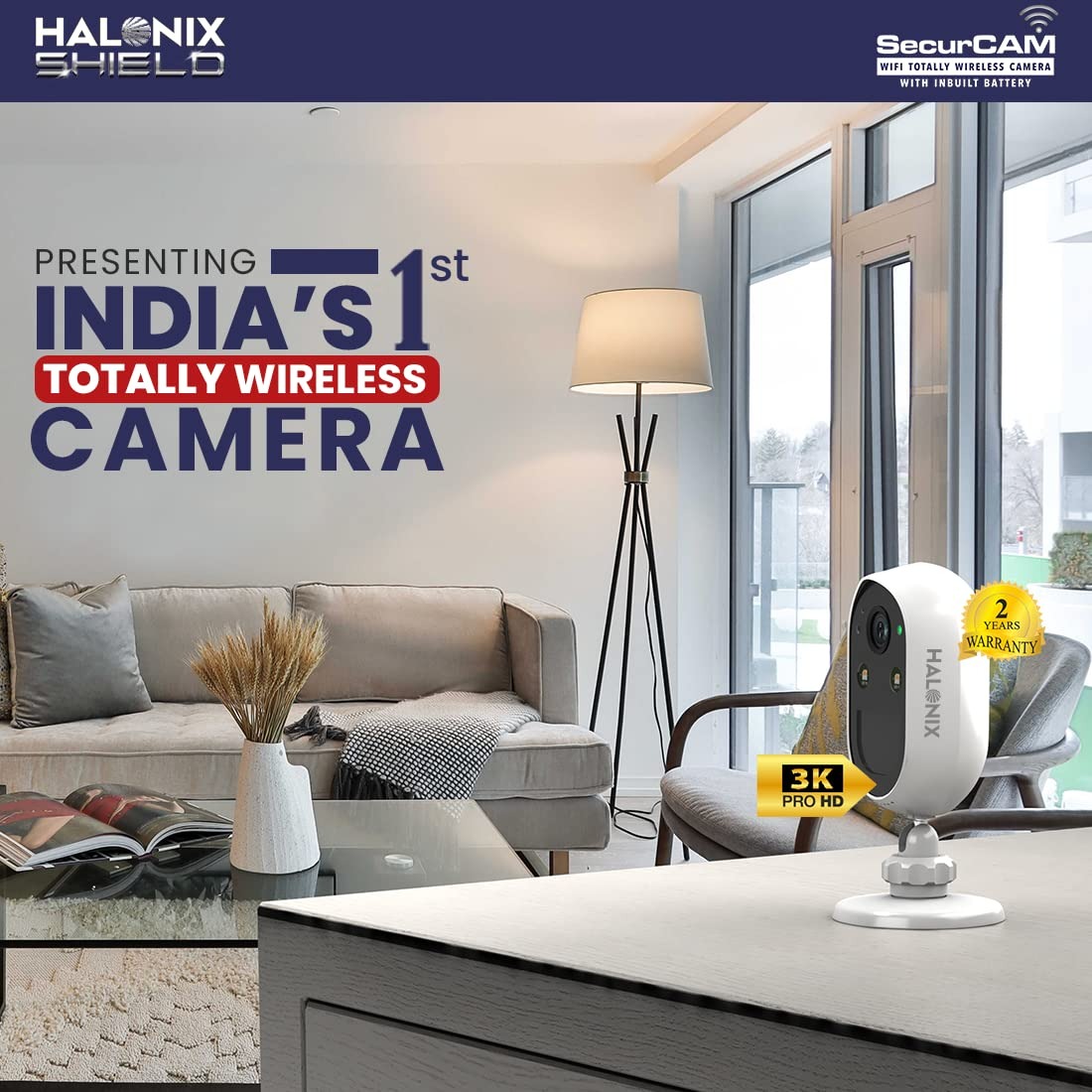 Halonix SecurCAM Totally Wireless 3MP 3K Pro HD Wi-Fi Smart Home Security Camera with Inbuilt Battery| 8X Digital Zoom| No Power Cord | No Screws/Drilling| 2 Way Audio| Colored Night Vision 2yr Full Replacement