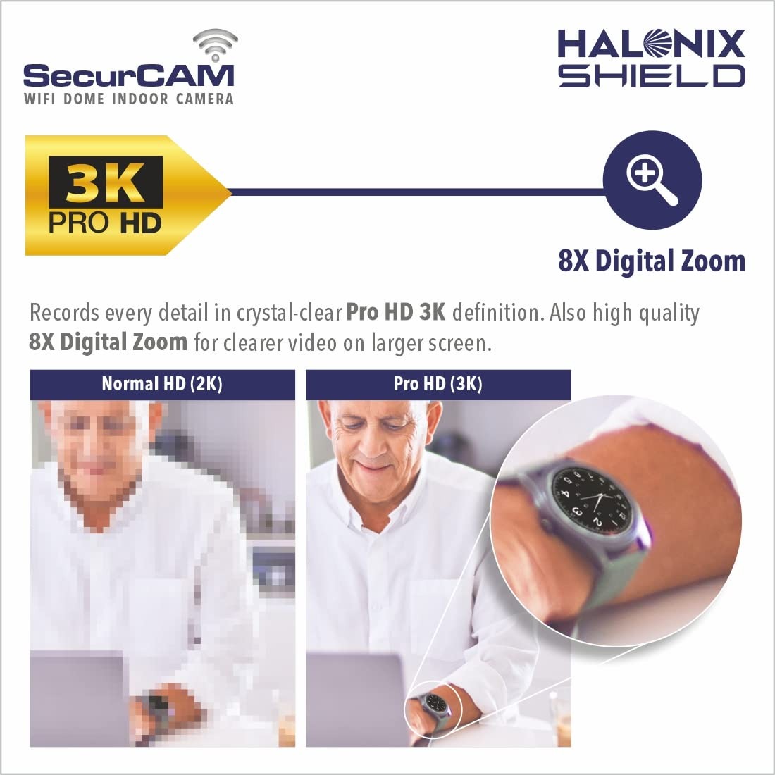 Halonix SecurCAM Wireless 3MP 3K Pro HD Wi-Fi Smart Home Security Dome Camera| 8X Digital Zoom| 2-Way Audio| Night Vision| Motion Detection| Cloud Storage| SD Card Slot| Live View | Alarm Schedule