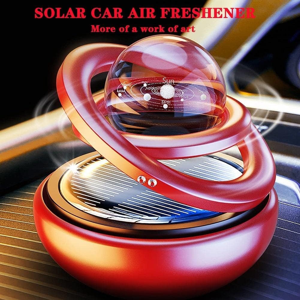 Car Dashboard Solar Air Freshener Double Ring Perfume Aroma Diffuser 360 Degree Auto Rotating Suspension  - Red