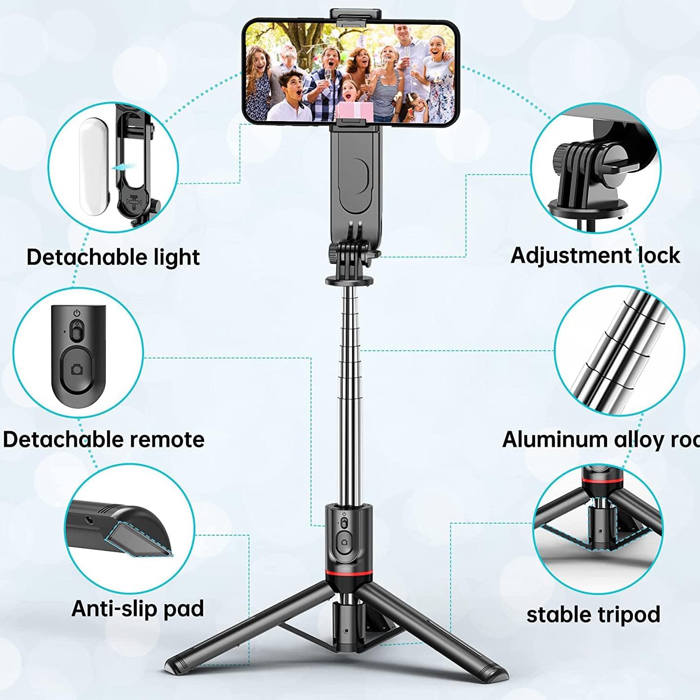 Selfie Stick Tripod with Fill Removable Light, 360 Degree Rotation, 44 inch Extendable Selfie Stick with Detachable Wireless Remote for Youtubers Live Video, Vlogging for with All Smartphones