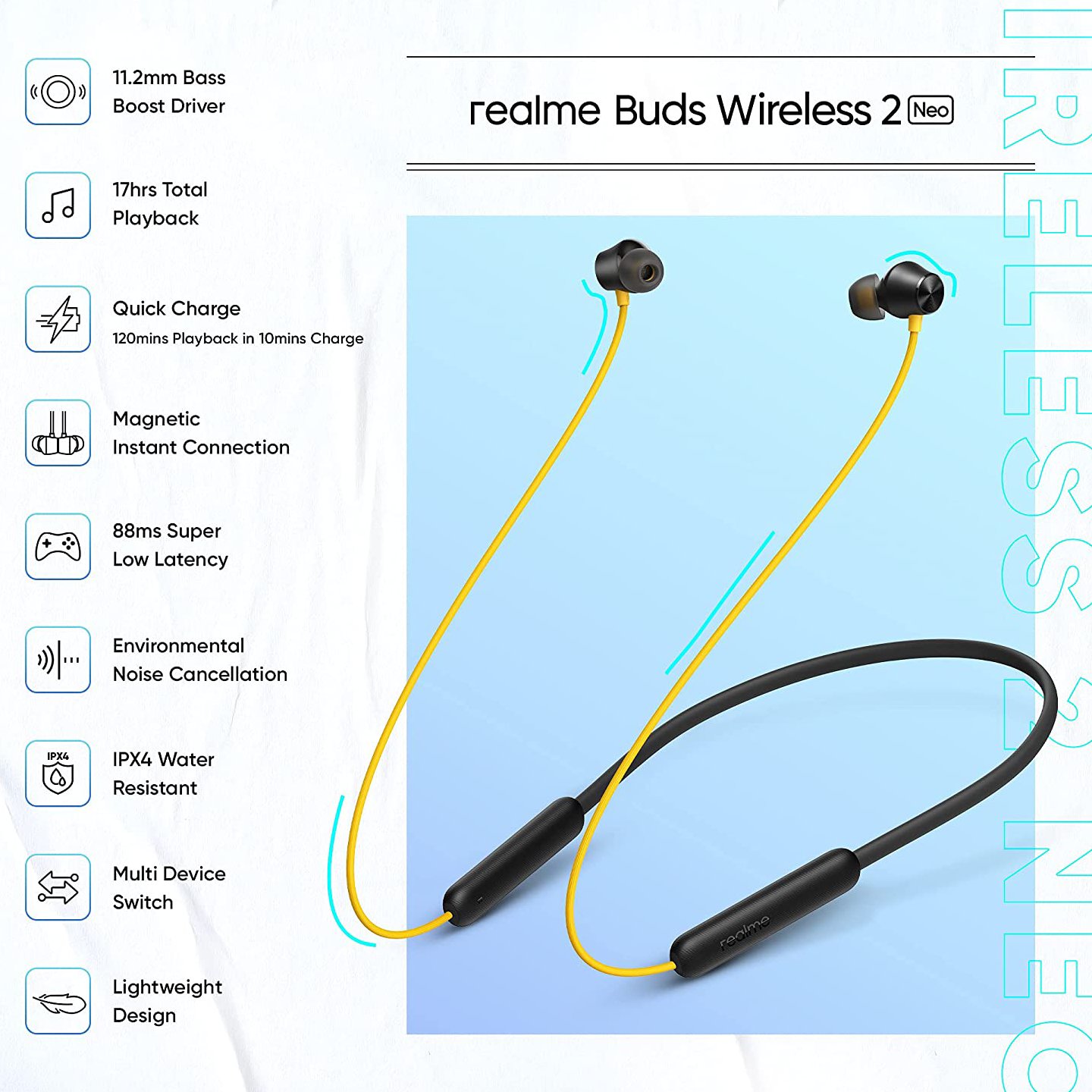 Realme Buds Wireless 2 Neo Bluetooth in Ear Earphones with Mic, Fast Charging & Up to 17Hrs Playtime