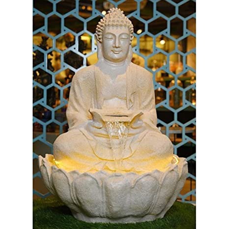 Handicrafts Water Fountain Fiber Buddha Water Fountain (Cream) with Light & Water Pump