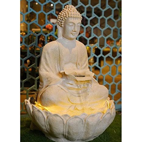 Handicrafts Water Fountain Fiber Buddha Water Fountain (Cream) with Light & Water Pump