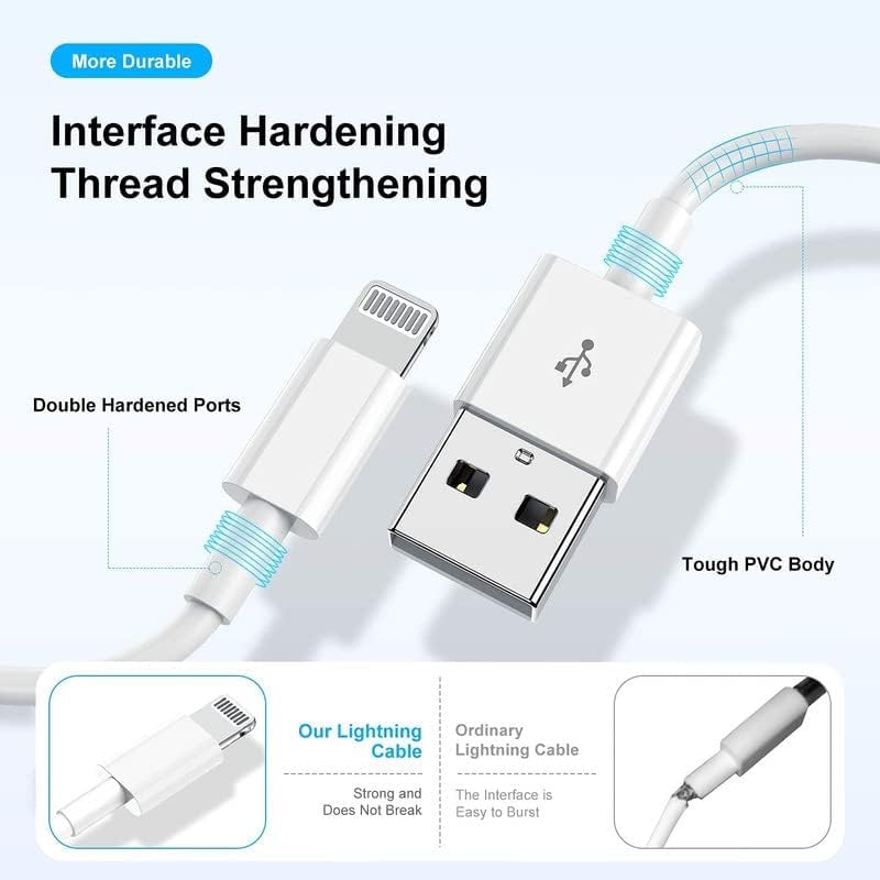 USB Cable, Compatible with iPhone Xs Max/Xr/Xs 11/11 Pro / 11 Pro Max / 12/12 Pro / 12 Mini / 13/14 / 14 Pro Series and IPad Air/Mini, Sync & Charge Lightning Cable (White) 3 Month Warranty 