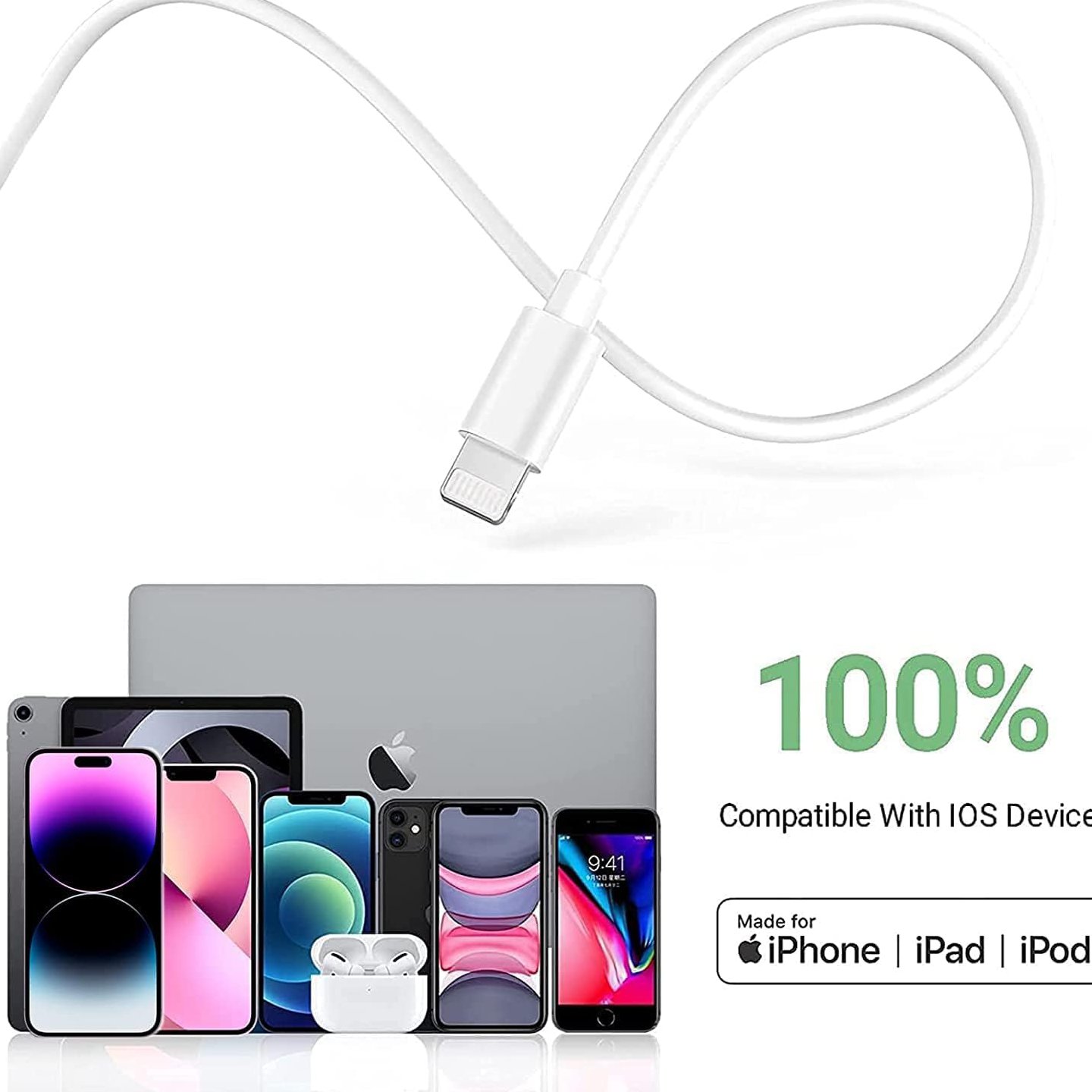 USB Cable, Compatible with iPhone Xs Max/Xr/Xs 11/11 Pro / 11 Pro Max / 12/12 Pro / 12 Mini / 13/14 / 14 Pro Series and IPad Air/Mini, Sync & Charge Lightning Cable (White) 3 Month Warranty 