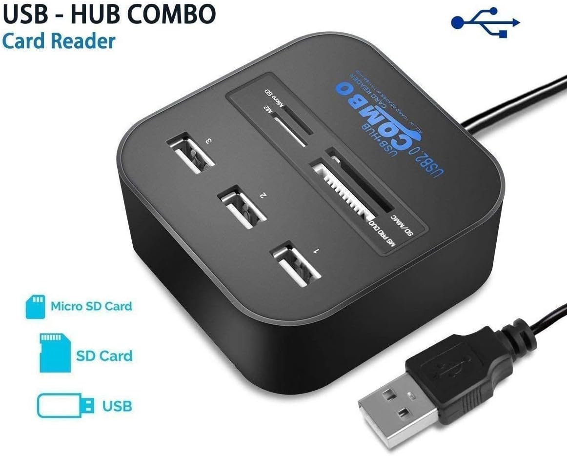 All in One 3 USB Ports and All in One Card Reader, USB 2.0, for Pen Drives/Cameras/Mobiles/Pc/Laptop/Notebook/Tablet, Docking Station, Ms/Ms Pro/Sd/Micro Sd Support