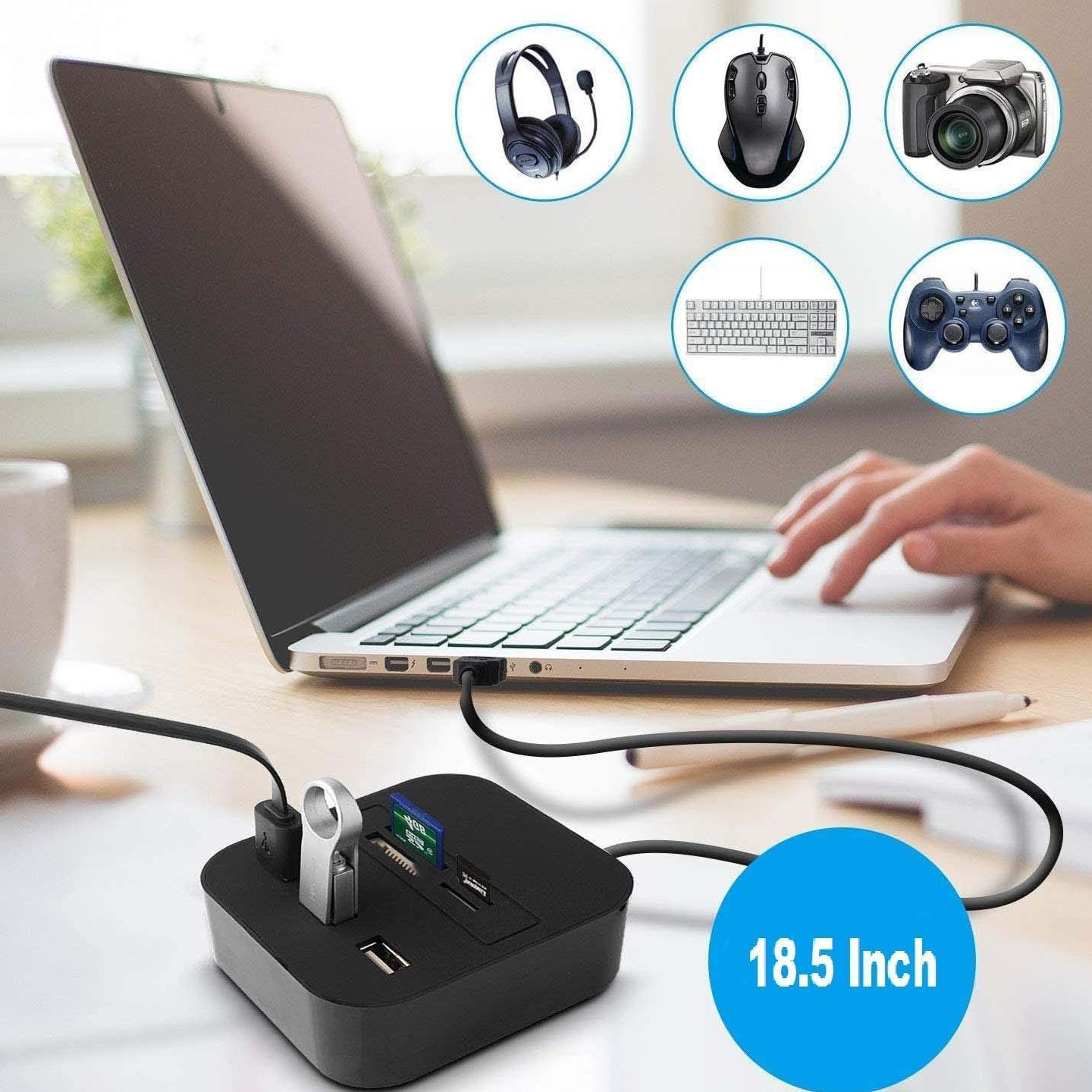 All in One 3 USB Ports and All in One Card Reader, USB 2.0, for Pen Drives/Cameras/Mobiles/Pc/Laptop/Notebook/Tablet, Docking Station, Ms/Ms Pro/Sd/Micro Sd Support