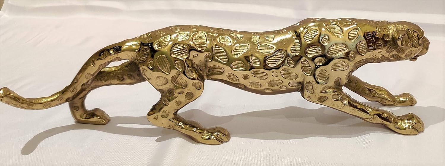 Aluminum Solid Metal Gold Panther Antique Showpiece Home Decor & Gifting Bright Brass Finish Handcrafted Decoration for Shelf Console Cabinet TV Unit Showcase in Drawing Bedroom Living Room 