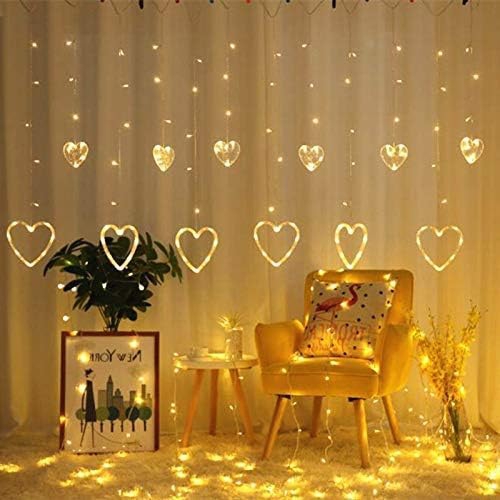 Heart Shape Curtain String Lights with 8 Flashing Modes Decoration (12 Hearts, Warm White), Prong Base, Pack of 1 Warm White