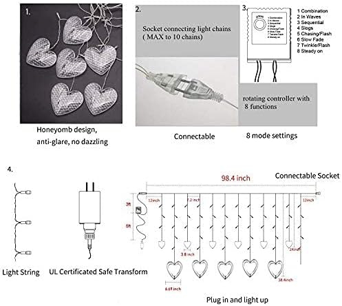 Heart Shape Curtain String Lights with 8 Flashing Modes Decoration (12 Hearts, Warm White), Prong Base, Pack of 1 Warm White