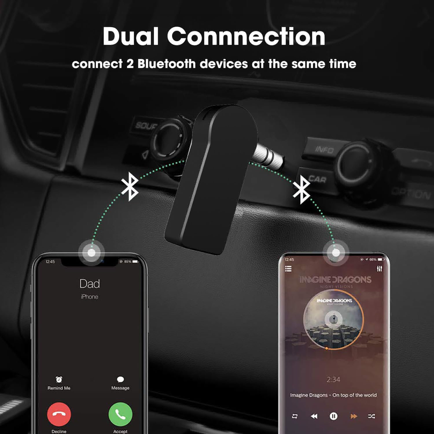 Bluetooth Receiver/Hands-Free Car Kit, Portable 3.5mm Bluetooth Aux Adapter Wireless Music Streaming for Home, Car Audio System, Headphone, Speaker (Bluetooth 4.2, A2DP, 40 FT Range) - Black