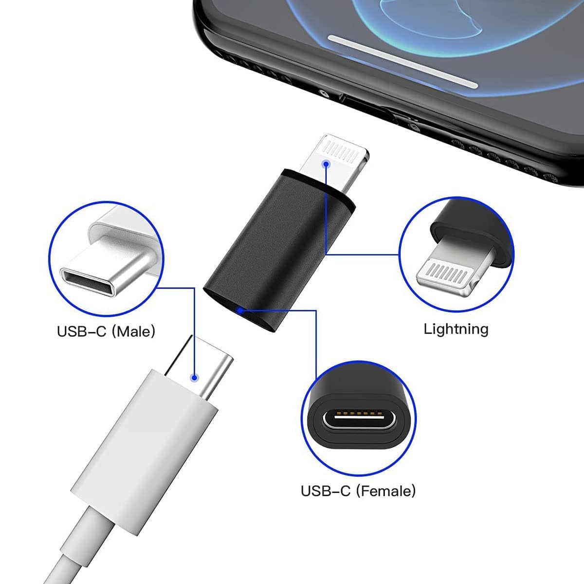 30W USB-C Female to Lightning Cable Adapter, Type-C to 8 Pin Male PD Fast Charging Converter Cord Data Sync Connector for iPhone 13 12 11 AirPods iOS Device, CarPlay (Dark Black)