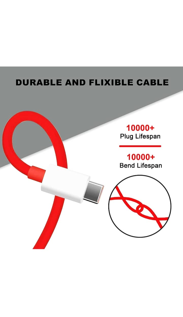 65W OnePlus Dash Warp Charge Cable, 6.5A Type-C to USB C PD Data Sync Fast Charging Cable Compatible with One Plus 8T/ 9/ 9R/ 9 pro/ 9RT/ 10R/ Nord & for All Type C Devices – Red, 1 Meter