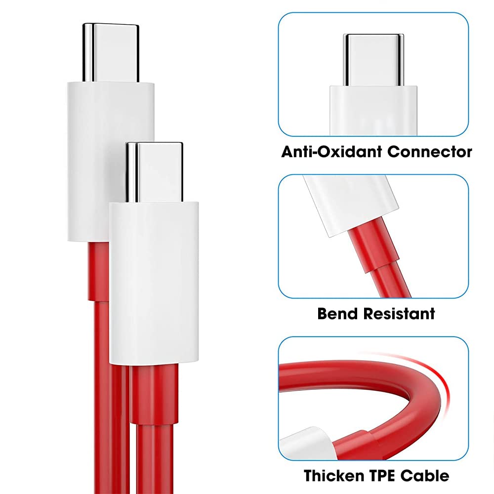 65W OnePlus Dash Warp Charge Cable, 6.5A Type-C to USB C PD Data Sync Fast Charging Cable Compatible with One Plus 8T/ 9/ 9R/ 9 pro/ 9RT/ 10R/ Nord & for All Type C Devices – Red, 1 Meter