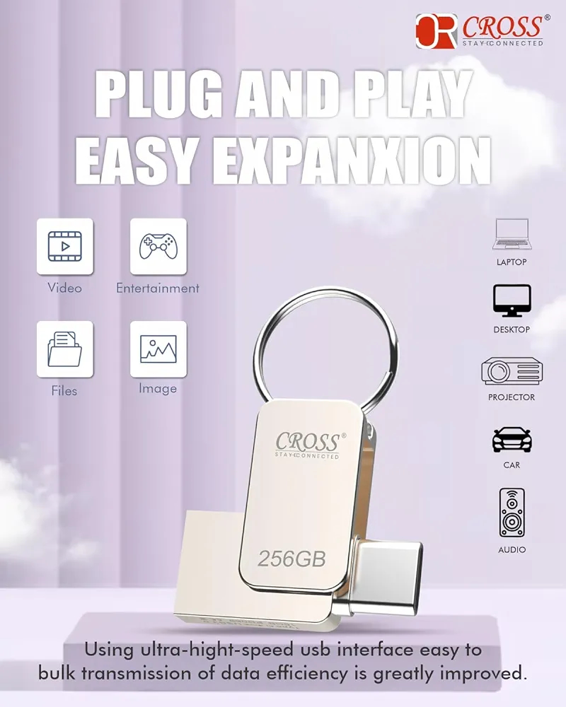 CROSS Type-C OTG PENDRIVE 256GB/Pen Drive with Metal Body - Silver | External Storage Device 16GB 32GB 64GB 128GB Pen Drive | Compatible with Smart Phone and Laptop, CROSS Smart PENDRIVE 1Yr Warranty  - 32GB