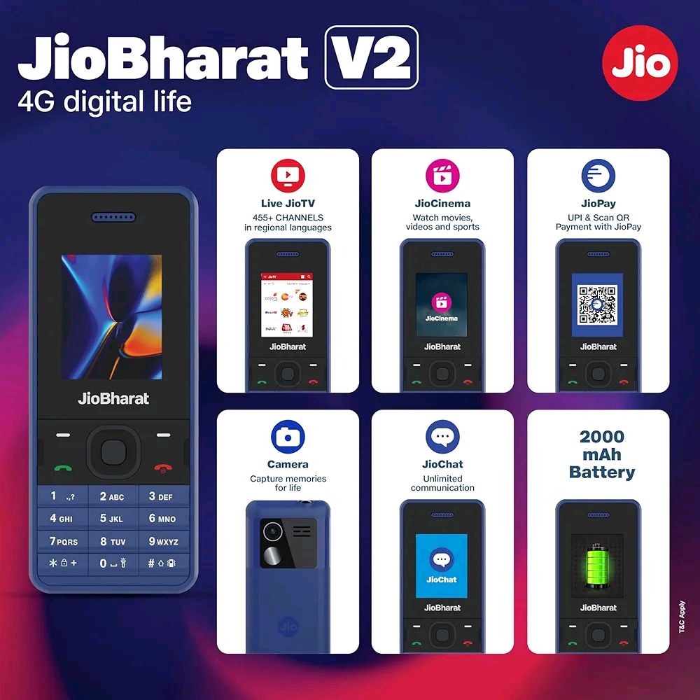 JioBharat V2 4G Phone with JioCinema, JioSaavn, Pay (UPI), Long Lasting Battery, LED Torch, Digital Camera | Blue | Locked for JioNetwork - Black