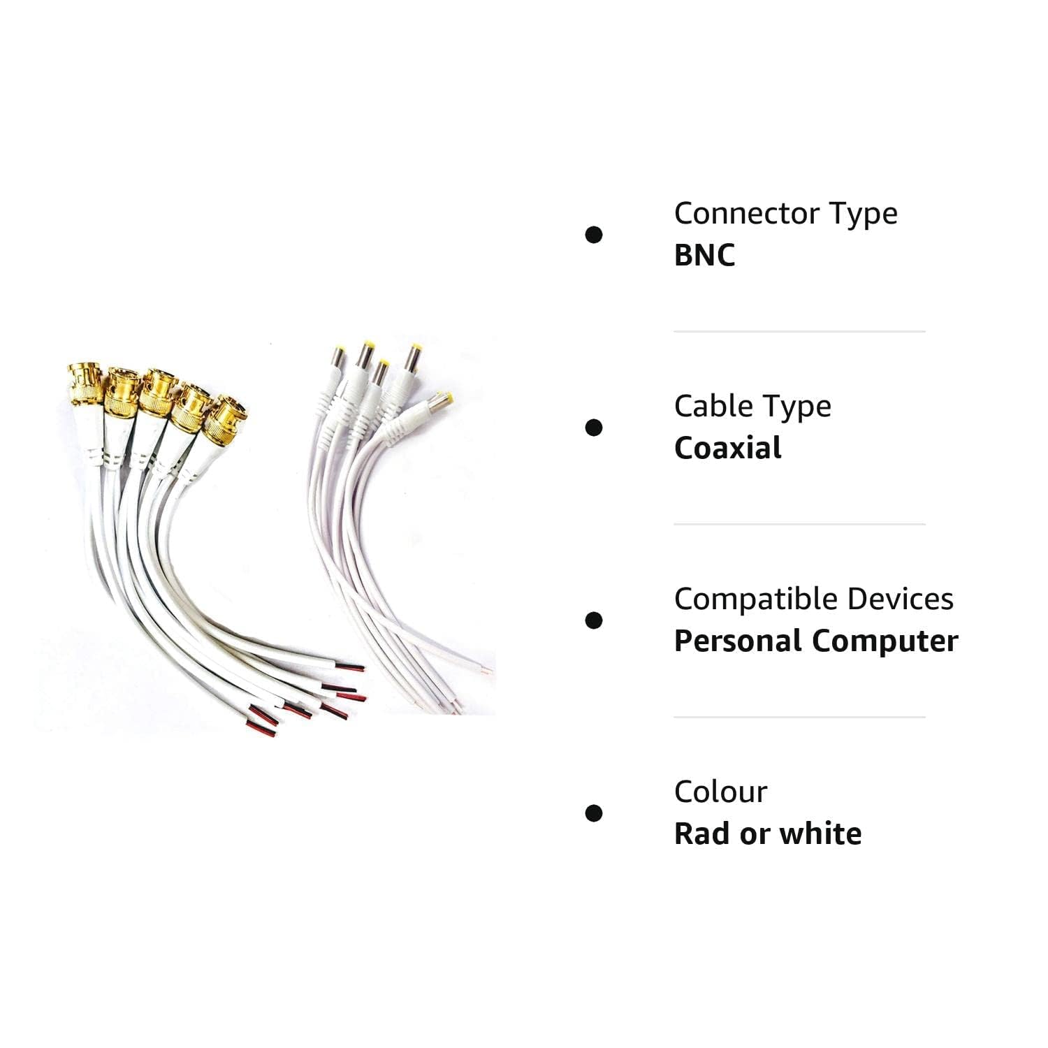 Combo Pack of 10 Pc BNC Connector with Copper Wire Moulded - 18CM and 10 Pc DC Power Pigtail Male Cables with 2.1mm Connectors Barrel Jack for Surveillance CCTV Camera (White)