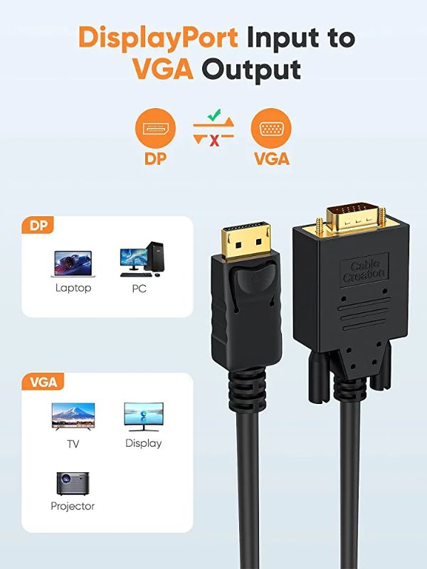 DP to VGA Cable 6 FT, DisplayPort to VGA Cable Gold Plated 1080p@60Hz, DP Male to VGA Male Cable, Black