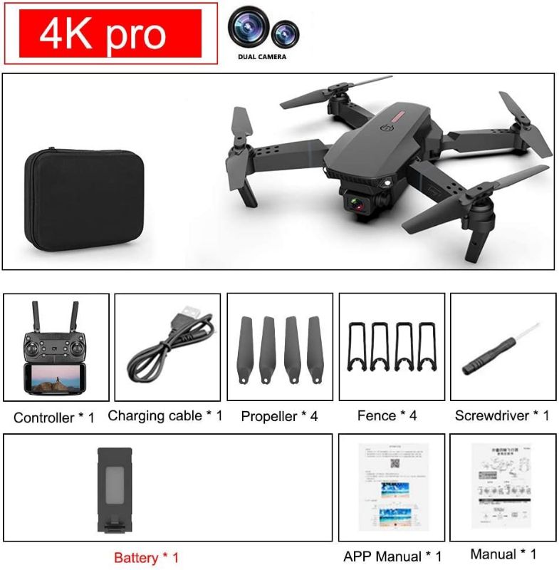 E88 Pro Drone with 4K Camera, WiFi FPV 1080P HD Dual Foldable RC Quadcopter Altitude Hold, Headless Mode, Visual Positioning, Auto Return Mobile App Control, Black, 7.83 x 7.17 x 2.87 inches