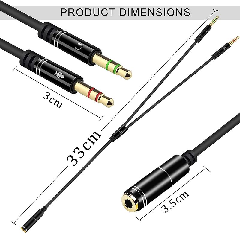 Gold Plated 3.5mm Stereo 2 Male to 1 Female Y-Splitter AUX Cable with Separate Headphone/Earphone/Microphone - (33cm) -Round version Black