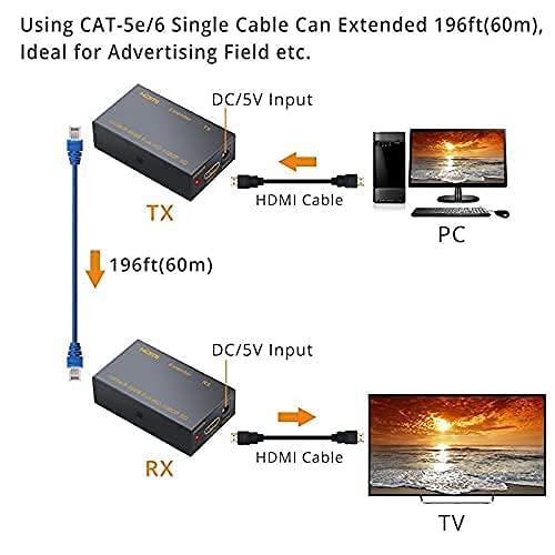 HDMI Extender 4K 120M 60M HDMI Extender, HDMI to RJ45 Network Cable Extender Converter Repeater Compatible With 5e / 6 1080p up to 60m HDTV HDPC PS4 STB 4K 2K (60m)-(EPL-573H) - 60M