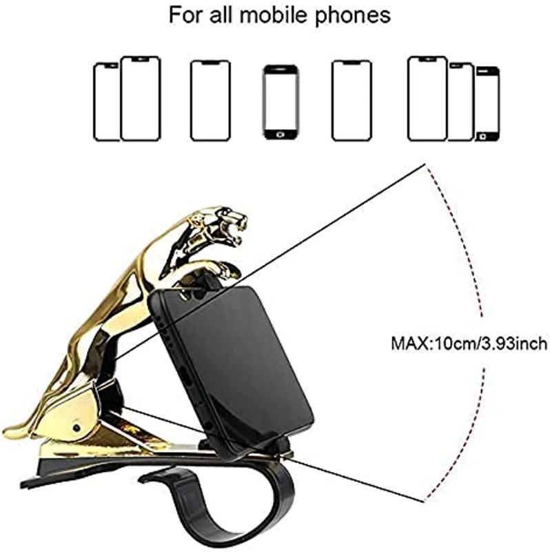 Jaguar Design Hud Car Mobile Phone Holder Mount Stand 360 Degree Rotation Adjustable Clip Holder for Dashboard (Golden)