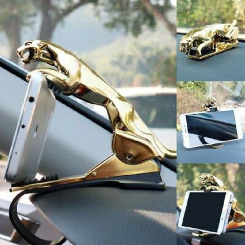 Jaguar Design Hud Car Mobile Phone Holder Mount Stand 360 Degree Rotation Adjustable Clip Holder for Dashboard (Golden)