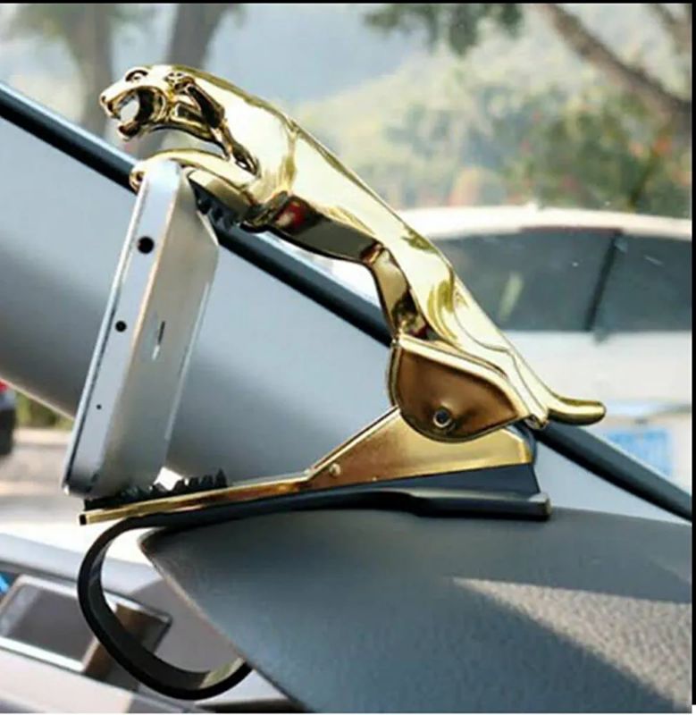 Jaguar Design Hud Car Mobile Phone Holder Mount Stand 360 Degree Rotation Adjustable Clip Holder for Dashboard (Golden)