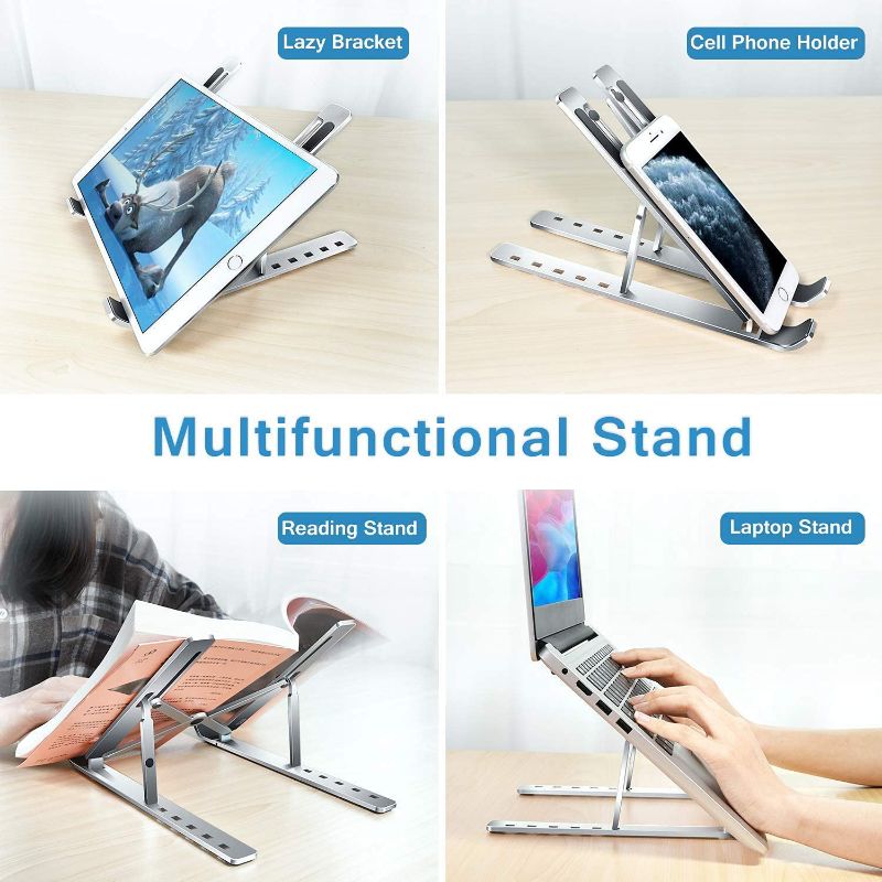 Laptop Tabletop Stand, Fold-Up, Adjustable, Ventilated, Portable Holder For Desk, Aluminum Foldable Laptop Ergonomic Compatibility With Up To 15.6-Inch Laptop, All Mac, Tab, And Mobile (Silver)