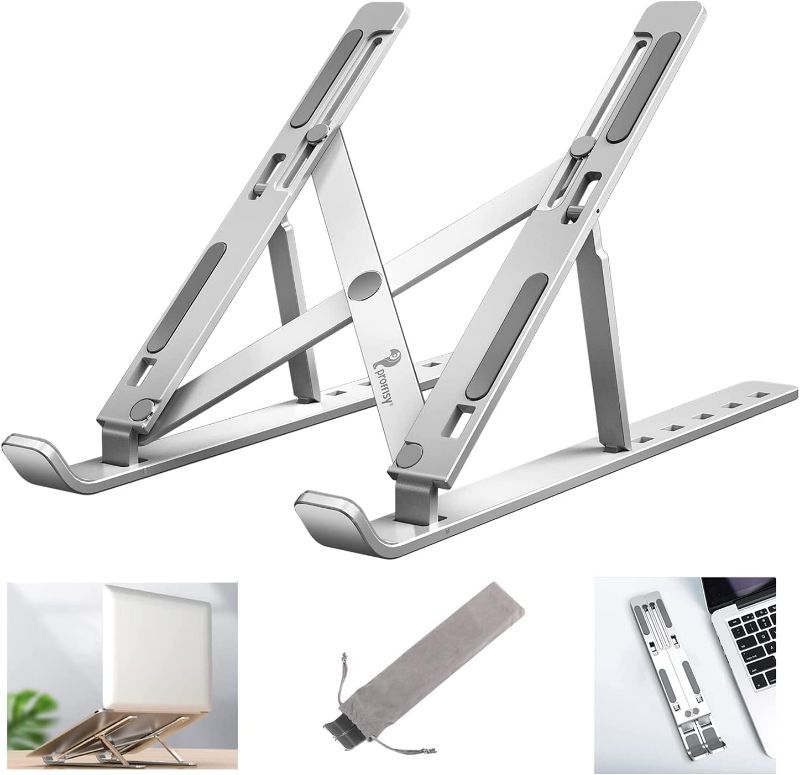 Laptop Tabletop Stand, Fold-Up, Adjustable, Ventilated, Portable Holder For Desk, Aluminum Foldable Laptop Ergonomic Compatibility With Up To 15.6-Inch Laptop, All Mac, Tab, And Mobile (Silver)