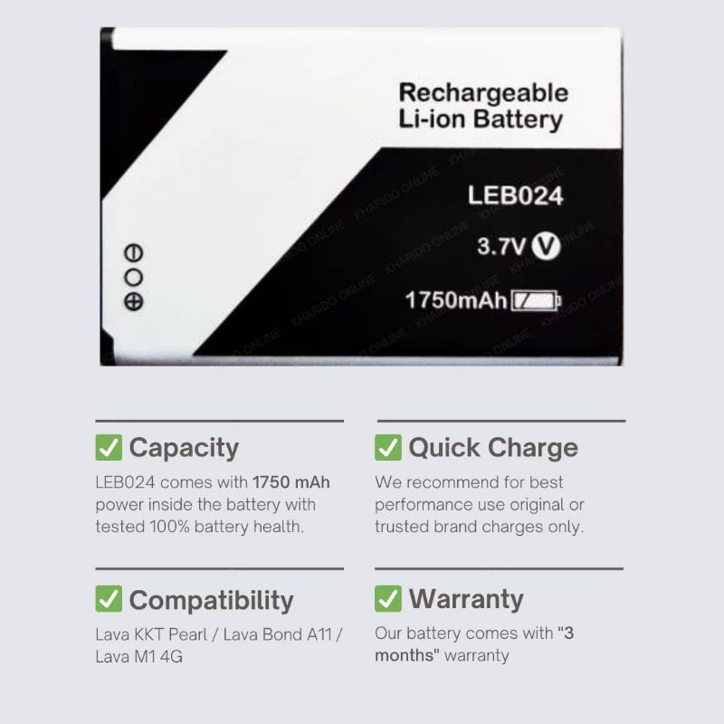 LEB024 1750mAh Battery for Lava KKT Pearl, Lava Bond A11, Lava Connect M1 4G (3 Months Warranty)