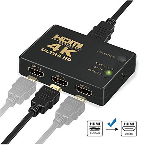 Premium HDMI Switch 3 Port with IR Remote Control for UHD 2K 4K Support, Full HD 1080P, 3D, Switch Splitter with Remote Control, HD Audio, 3 in & 1 Out