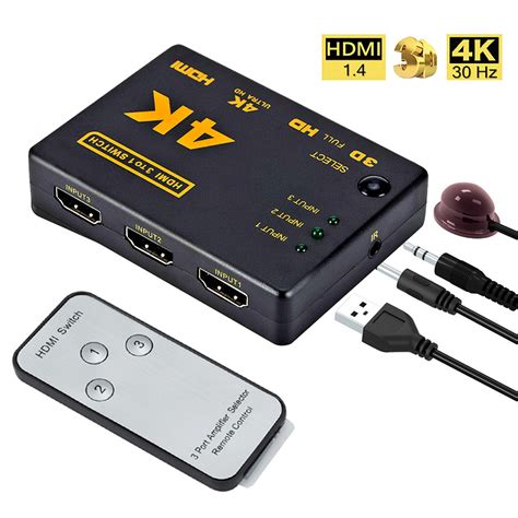 Premium HDMI Switch 3 Port with IR Remote Control for UHD 2K 4K Support, Full HD 1080P, 3D, Switch Splitter with Remote Control, HD Audio, 3 in & 1 Out