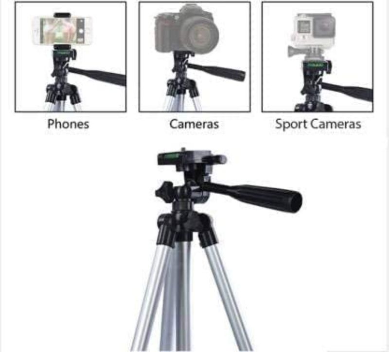 Tripod 3110 Stand with 3-Way Head Tripod 3110 with Mobile Phone Holder Mount Tripod Kit, (Silver, Supports Up to 1100 g)