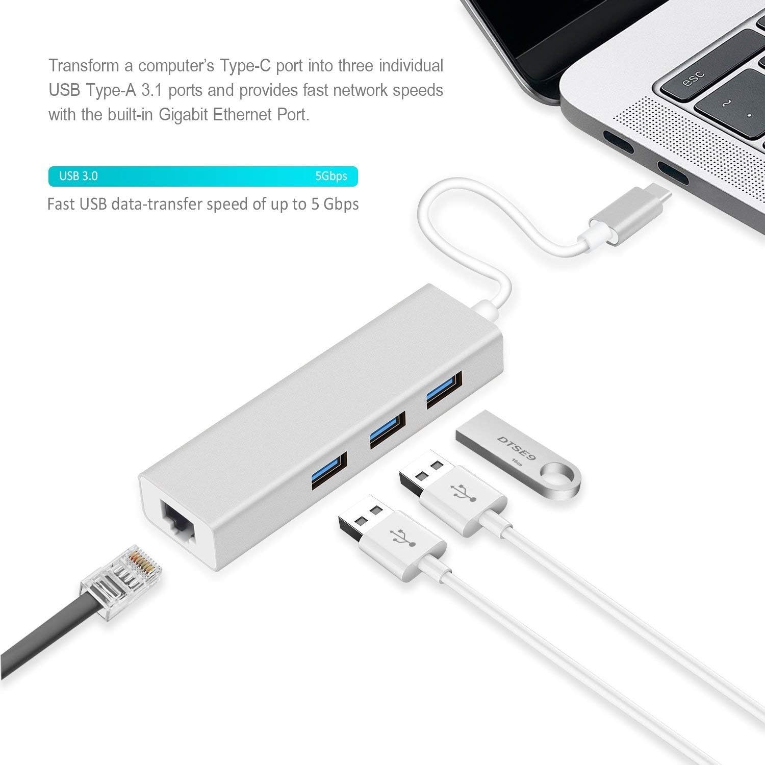 Type -C to 3-Port USB Hub + RJ45 Adapter - Type-C to Gigabit Ethernet LAN Network+3 USB Ports Converter for MacBook/Pro/iMac/ChromeBook/Pixel...