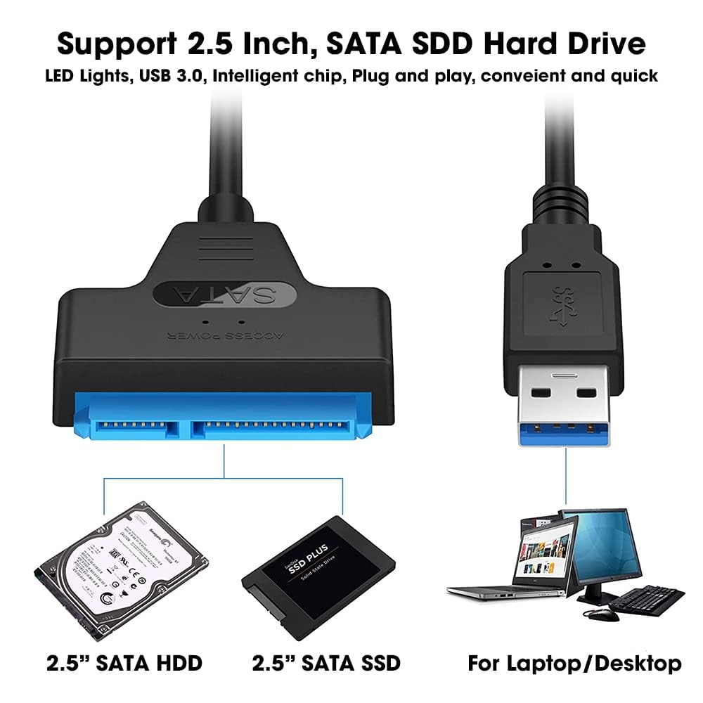 USB 3.0 SATA III Hard Drive Adapter Cable, SATA to USB Adapter Cable for 2.5 inch (6.35 cm) SSD & HDD, Support UASP, 9 inch(22 cm), Black
