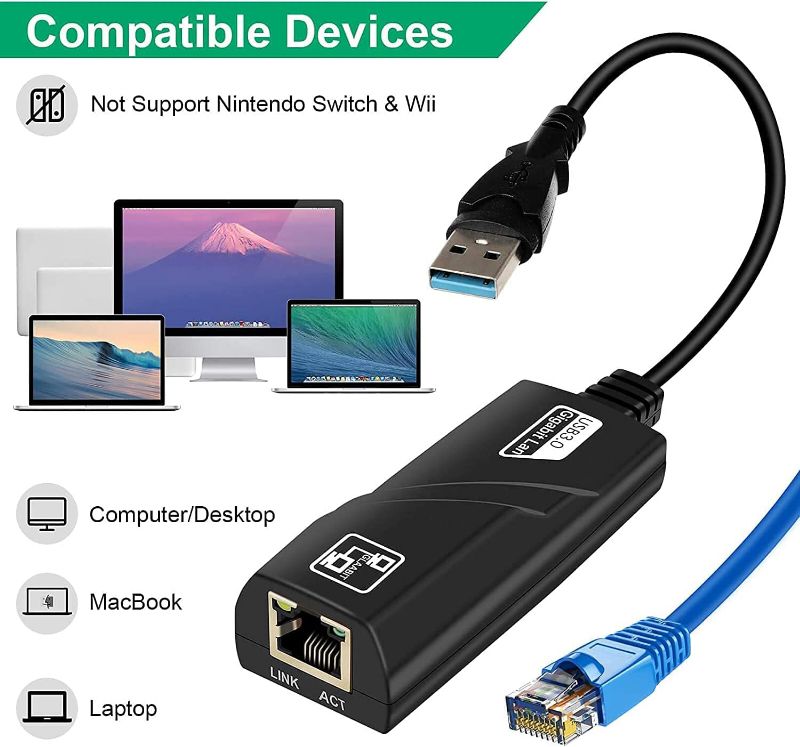 USB 3.0 to Ethernet Adapter, USB 3.0 to 10/100 Gigabit Ethernet LAN Network Adapter, Compatible for iMac Pro, Air, Mac Mini/Pro, Surface Pro, Notebook PC, Laptop and More