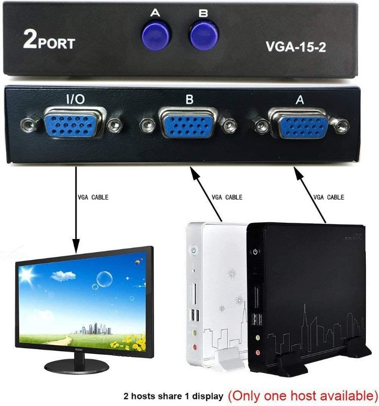 VGA 2 in 1 Out 2 Port VGA Switch Press Button to 2 Way VGA Video Switch for Computer PC Monitor
