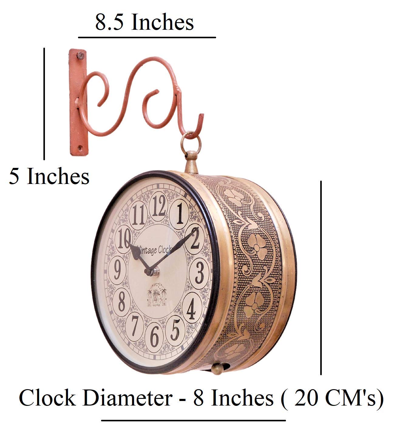 Vintage Clock Double Side Iron Wall Clock / 8 Inches Size Copper Colour - Copper