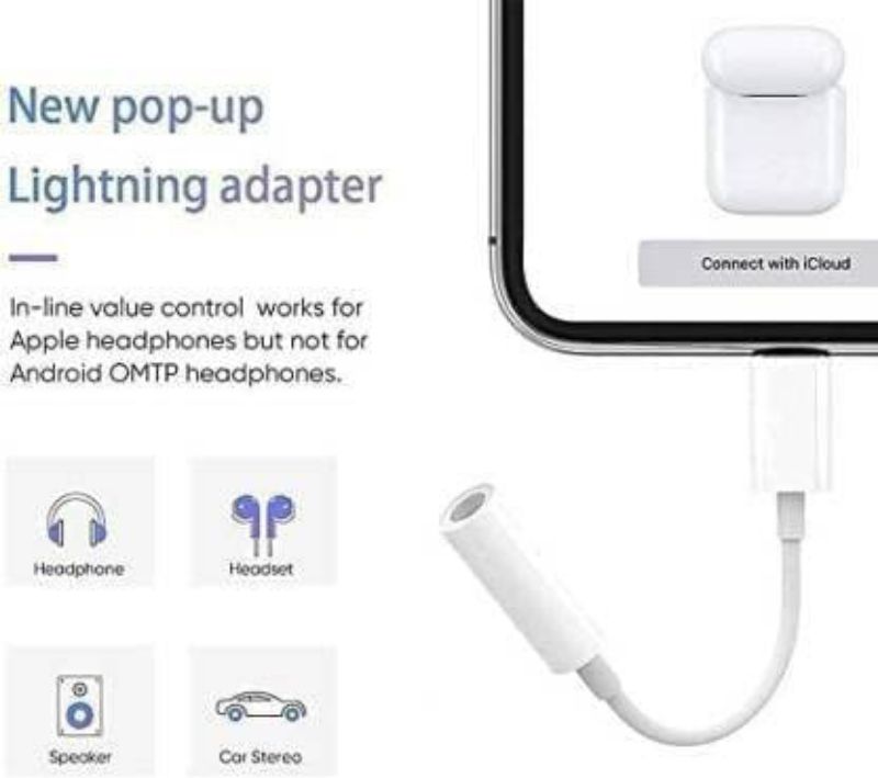 White iPhone Lightning Adapter to 3.5mm Jack Converter Headphone/Earphone Jack Adapter Phone Converter (IPhone7, 8, X, XS, XR, 11, 11 Pro Max, 12, 12 Pro Max, 14, 14 Pro Max)