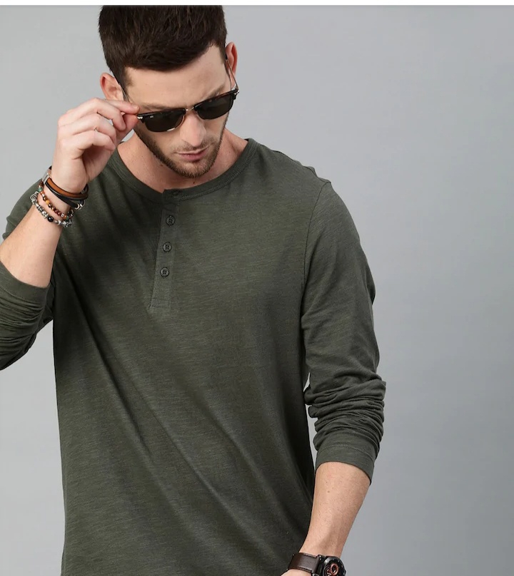 Roadster Men Olive Henley Neck Cotton Pure Cotton - XL