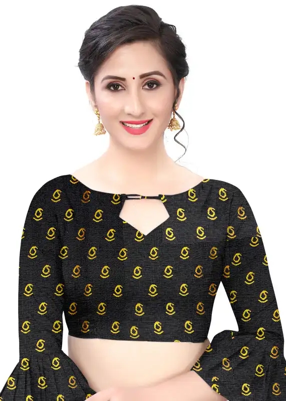 Bhakarwadi Black Printed Khadi Saree with Unstitched Blouse