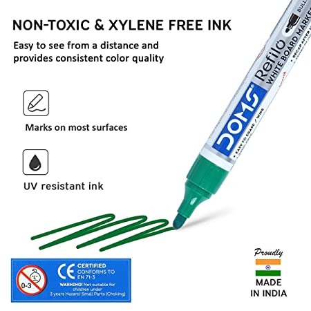 Doms Refilo White Board Marker Pen Green Colour - 5 Pcs, Green